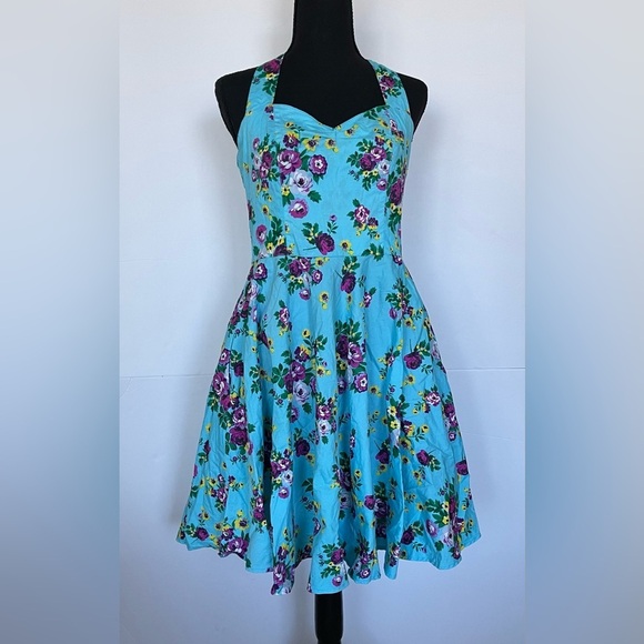 Hell Bunny Turquoise Floral Halter Dress - Picture 2 of 10